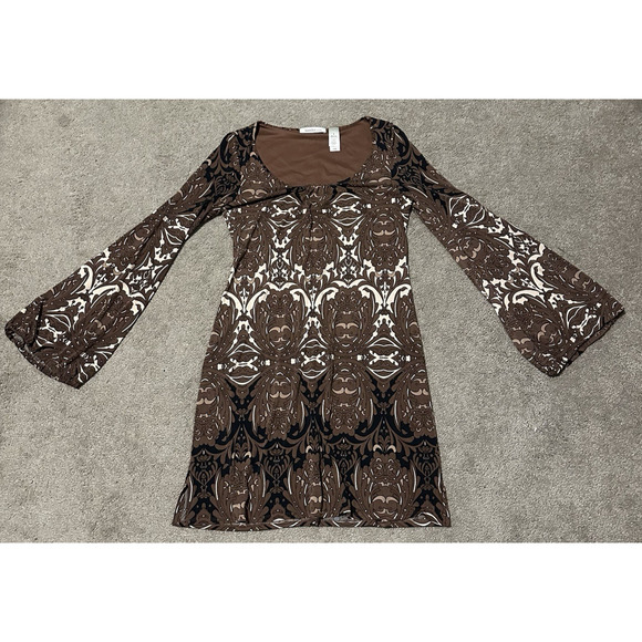 Laundry By Design 8 Dress Bell Sleeve A-line Geometric Brown Peasant Boho - Picture 1 of 11